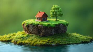 ai generato sereno miniatura Casa su un' lussureggiante verde isola con albero foto