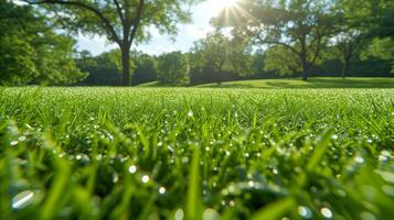 ai generato luce del sole scintillante su fresco mattina rugiada nel lussureggiante verde parco foto