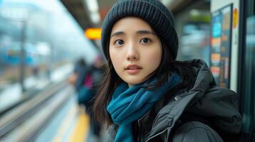 ai generato donna nel cappello e sciarpa in piedi Il prossimo per treno foto