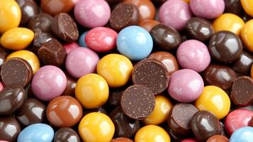 ai generato assortito colorato caramella rivestito cioccolato ossequi avvicinamento foto