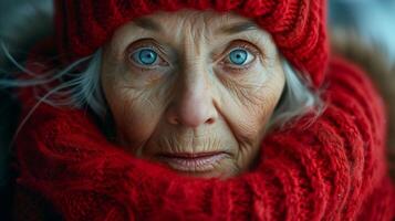 ai generato più vecchio donna nel rosso cappello e sciarpa foto