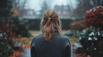 ai generato donna passeggiate giù piovoso sentiero foto