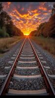 ai generato tramonto al di sopra di Ferrovia brani con drammatico cielo e campagna paesaggio foto