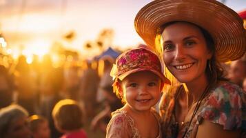 ai generato donna e bambino indossare cappelli a Festival foto