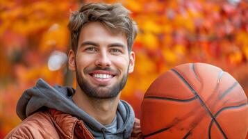 ai generato uomo Tenere pallacanestro nel davanti di albero foto