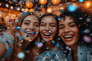 ai generato tre ragazze sorridente e festeggiare con coriandoli foto