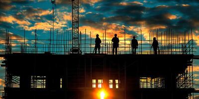 ai generato staglia costruzione lavoratori a tramonto su impalcatura foto