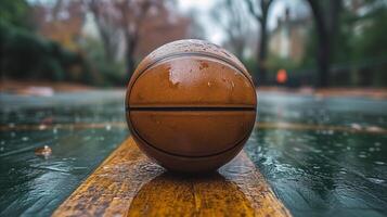 ai generato pallacanestro riposo su giallo polo foto