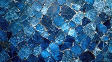 ai generato blu mosaico marmo piastrelle modulo un astratto sfondo, somigliante vorticoso rotto bicchiere. ai generato foto