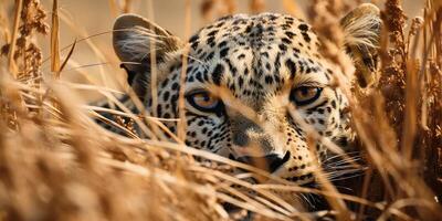 ai generato fotorealistico Immagine di un' ghepardo nel asciutto erba. ghepardo nel imboscata foto