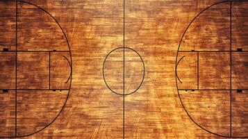 ai generato un' acero pallacanestro Tribunale pavimento è visto a partire dal un' superiore prospettiva, in mostra suo iconico struttura. classico, ai generato. foto