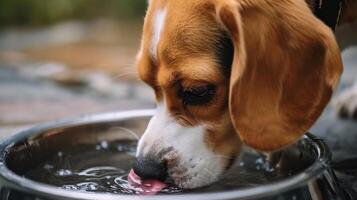 ai generato avvicinamento cattura un' cane potabile acqua a partire dal un' ciotola, in mostra dissetante rinfresco, ai generato. foto