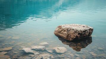 ai generato un' solitario roccia galleggia serenamente in cima increspatura acqua, suo riflessione mirroring la tranquillità, ai generato foto