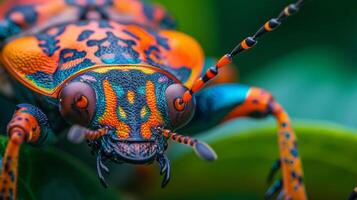 ai generato avvicinamento di un' vivace insetto in mostra intricato modelli e luminosa colori, affascinante, ai generato. foto