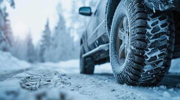 ai generato avvicinamento dettaglio di un' auto con focalizzata pneumatici nel un' nevoso inverno paesaggio, un' gelido scena, ai generato. foto