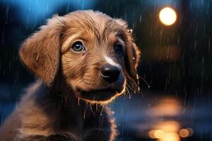 ai generato solitario triste di razza cucciolo all'aperto su un' piovoso notte all'aperto, ritratto di un' perso animale domestico guardare lontano foto