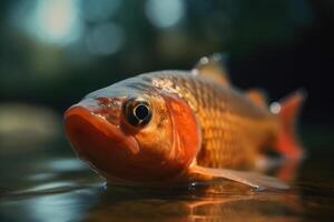 ai generato avvicinamento di d'oro pesce dire bugie su secco su fiume o lago e guardare a telecamera, ambientale e animale disastro foto