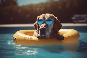 ai generato di razza cane nel occhiali da sole riposo su gonfiabile squillare nel piscina su soleggiato estate giorno. freddo animale domestico galleggiante nel acqua all'aperto, relax. animale generativo ai foto