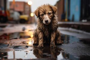 ai generato abbandonato solitario triste cane su il strada. senza casa cucciolo foto