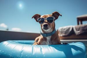 ai generato cane nel occhiali da sole riposo su gonfiabile squillare nel piscina su soleggiato estate giorno. divertimento freddo animale domestico chilling nel all'aperto piscina. animale generativo ai foto