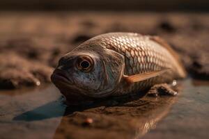 ai generato siccità, clima modificare, ecologico disastro. avvicinamento di un' pesce dire bugie su un' asciutto fiume o lago foto