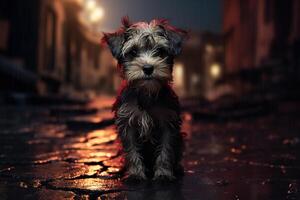 ai generato triste perso cucciolo seduta fuori, carino senza casa bagnato animale domestico su un' piovoso notte all'aperto foto