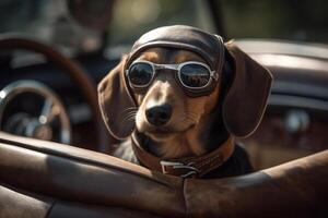 ai generato carino di razza bassotto cane indossare occhiali da sole e cappello equitazione nel auto e guardare su all'aperto, freddo animale domestico nel convertibile su strada viaggio. animale generativo ai foto