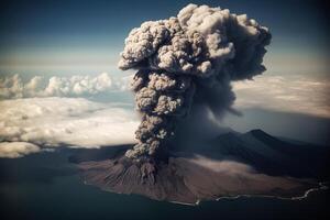 ai generato vulcanico eruzione, esplosione su montagna. un aereo Visualizza di un cenere nube, pericoloso naturale fenomeno su isola. generativo ai foto