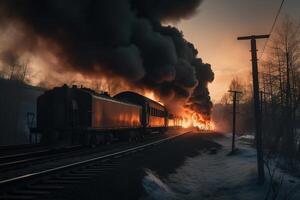 ai generato ardente treno su rotaie, esplosione e fiamme. generativo ai foto