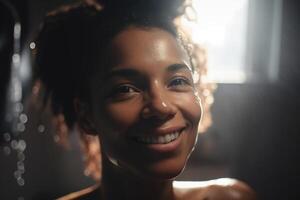 ai generato ritratto di positivo nero giovane donna nel bagno nel mattina. sorridente bagnato africano americano donna guardare a telecamera dopo doccia. generativo ai foto