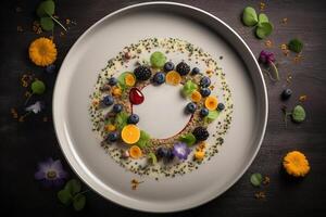 ai generato vegano creativo piatti su piatto, cibo messa in piega. generativo ai foto