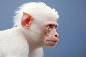 ai generato albino scimmia con bianca pelliccia. ritratto di un' raro animale primate su il sfondo foto