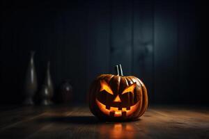 ai generato zucca con un' lavorato il male Halloween viso su un' buio sfondo al chiuso. autunno vacanza tradizionale Halloween concetto. generativo ai foto