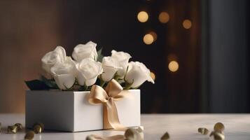 ai generato regalo scatola decorato con bianca Rose al chiuso, romantico sorpresa. generativo ai foto
