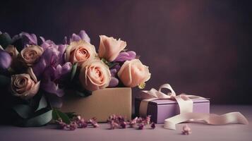 ai generato romantico sorpresa, mazzo di fiori e decorato regalo scatola nel pastello lilla tavolozza. generativo ai foto