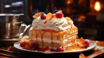 ai generato delizioso torta con frustato crema e frutti di bosco su tavolo. foto