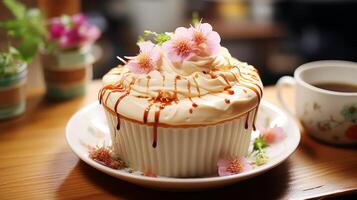 ai generato Cupcake con frustato crema e fiori su il di legno tavolo. foto