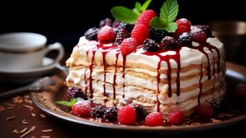 ai generato Pancakes con frutti di bosco e cioccolato salsa su un' buio sfondo. foto