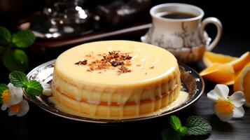 ai generato delizioso torta di formaggio con arancia e menta su di legno tavolo. foto