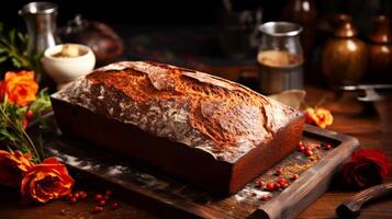 ai generato pagnotta di pane su un' di legno sfondo. colorazione. foto