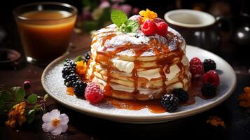 ai generato Pancakes con miele e frutti di bosco su un' buio di legno sfondo. foto
