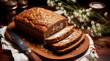 ai generato appena al forno pagnotta di pane su un' di legno tavola. foto