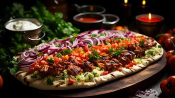 ai generato kebab con carne e verdure su un' di legno tavola. foto