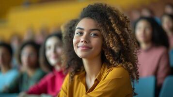 ai generato un' vivace Università conferenza sala con studenti di vario etnie coinvolgente nel apprendimento. accessibilità, diversità, e uguaglianza nel formazione scolastica. ai generato foto