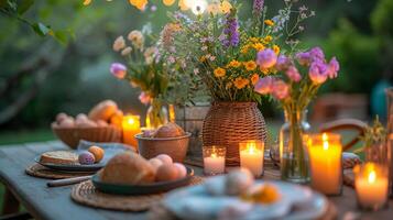 ai generato all'aperto Pasqua tavolo ambientazione con vasi di primavera fiori, illuminato candele, dipinto uova. ai generato foto