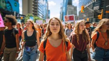 ai generato Da donna marzo. diverso partecipanti a piedi giù un' strada. combattimento per Da donna diritti. ai generato foto