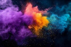 ai generato holi dipingere polvere esplosione di viola, giallo, e verde su nero. mardi gras colori. ai generato foto