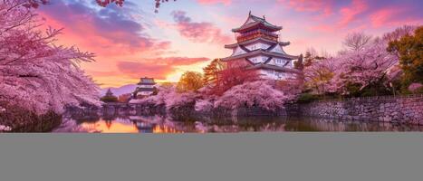 ai generato ciliegia fiorire alberi telaio un' bellissimo giapponese tempio, la creazione di un' sereno e incantevole scena, ai generato. foto