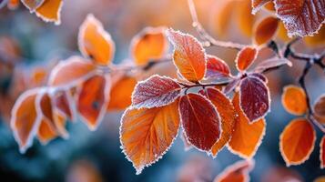 ai generato in ritardo autunno rivela un' bellissimo scena con luminosa arancia le foglie coperto nel brina, ai generato. foto