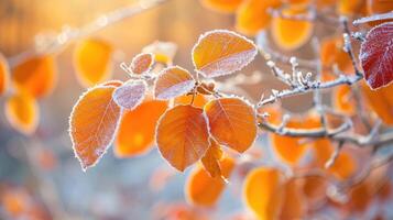 ai generato in ritardo autunno rivela un' bellissimo scena con luminosa arancia le foglie coperto nel brina, ai generato. foto